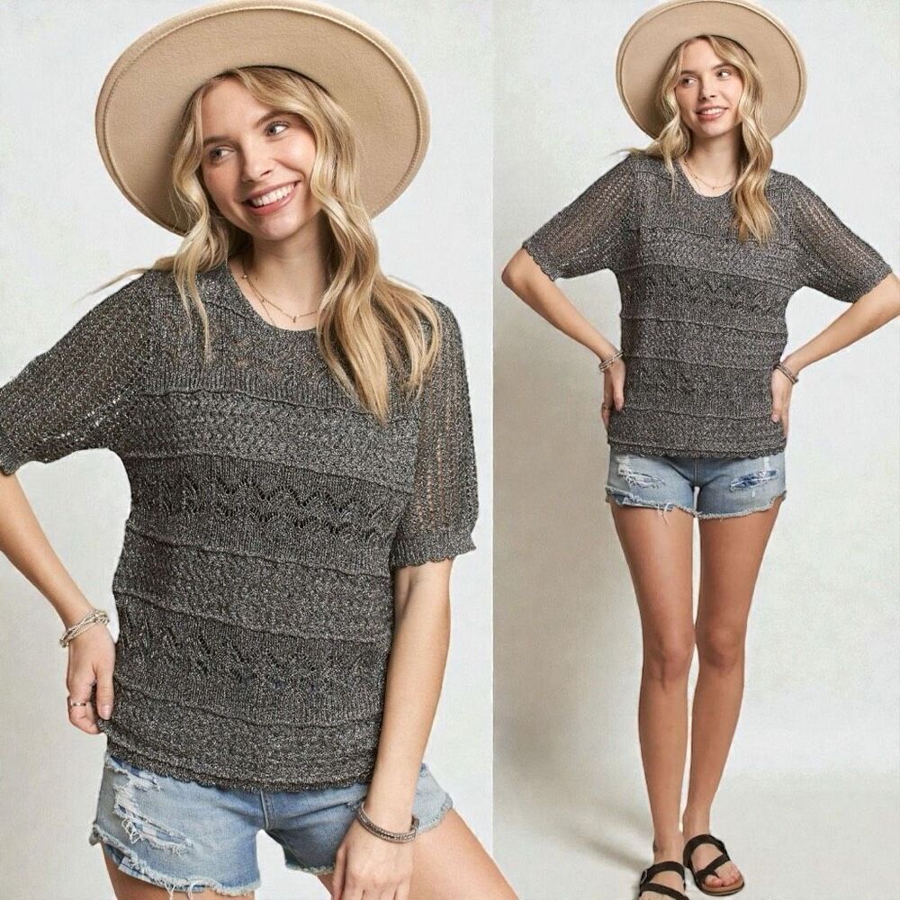 Black And Silver Lightweight Lurex Sweater Knit Top Size Large NEW - Adora